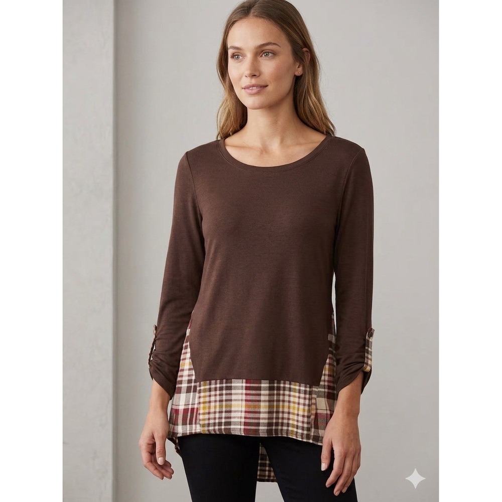 NWT C est 1946 Brown Plaid Round Neck Knit Top Zip Back casual Size S, 79% Rayan